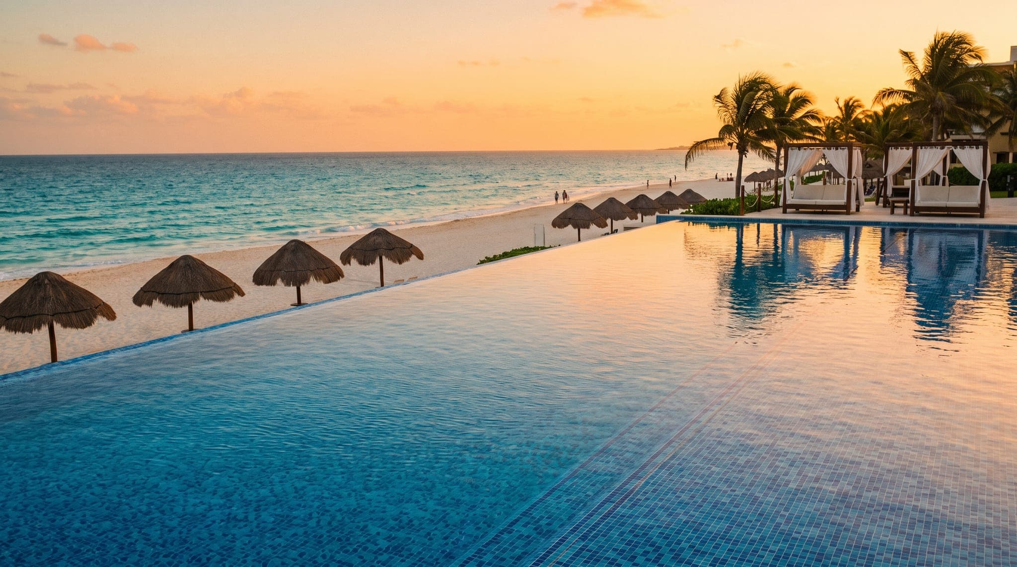 Beachfront resort in Cancun at golden hour